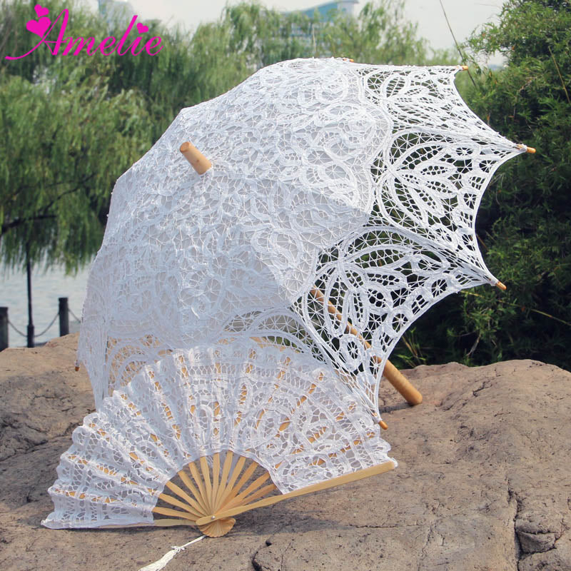 White Handmade Wedding Lace Parasol with White Fan Set